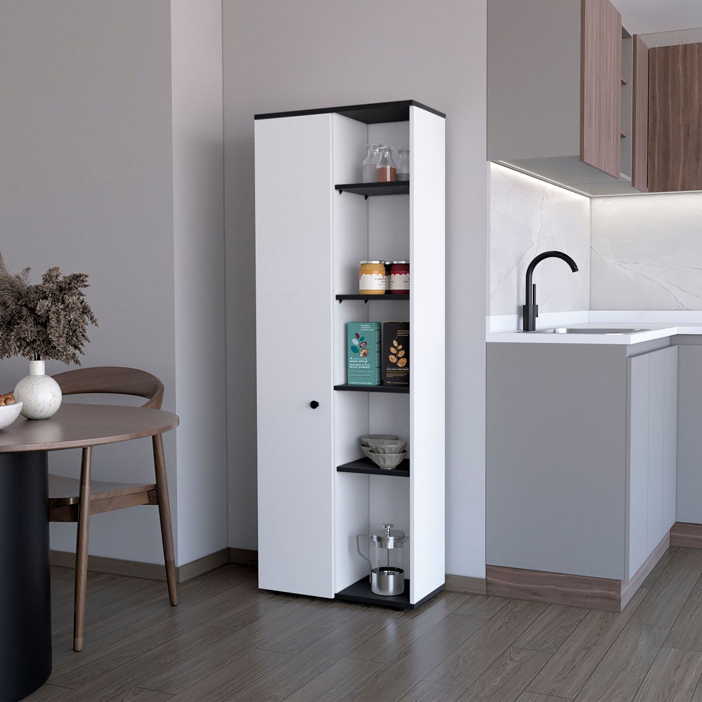 White and Wenge 1-Door Multistorage Kitchen Pantry image 1