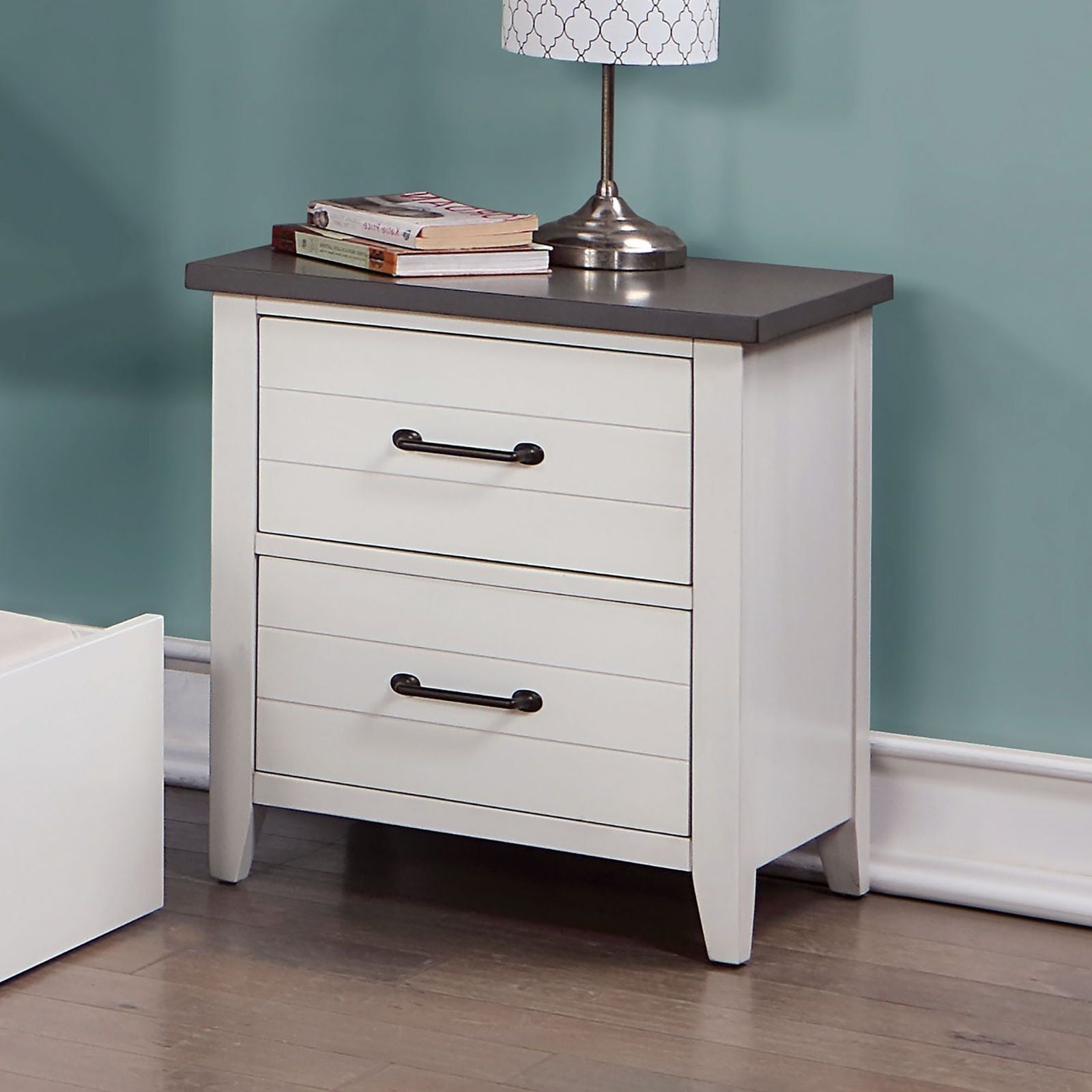 White Color Nightstand Bedroom 1pc Nightstand Solid wood Black Appliance Pull 2-Drawers bedside Table Gray Top, Two Tone image 1