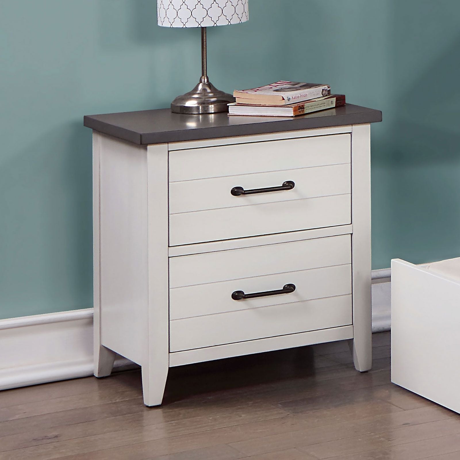 White Color Nightstand Bedroom 1pc Nightstand Solid wood Black Appliance Pull 2-Drawers bedside Table Gray Top, Two Tone image 2