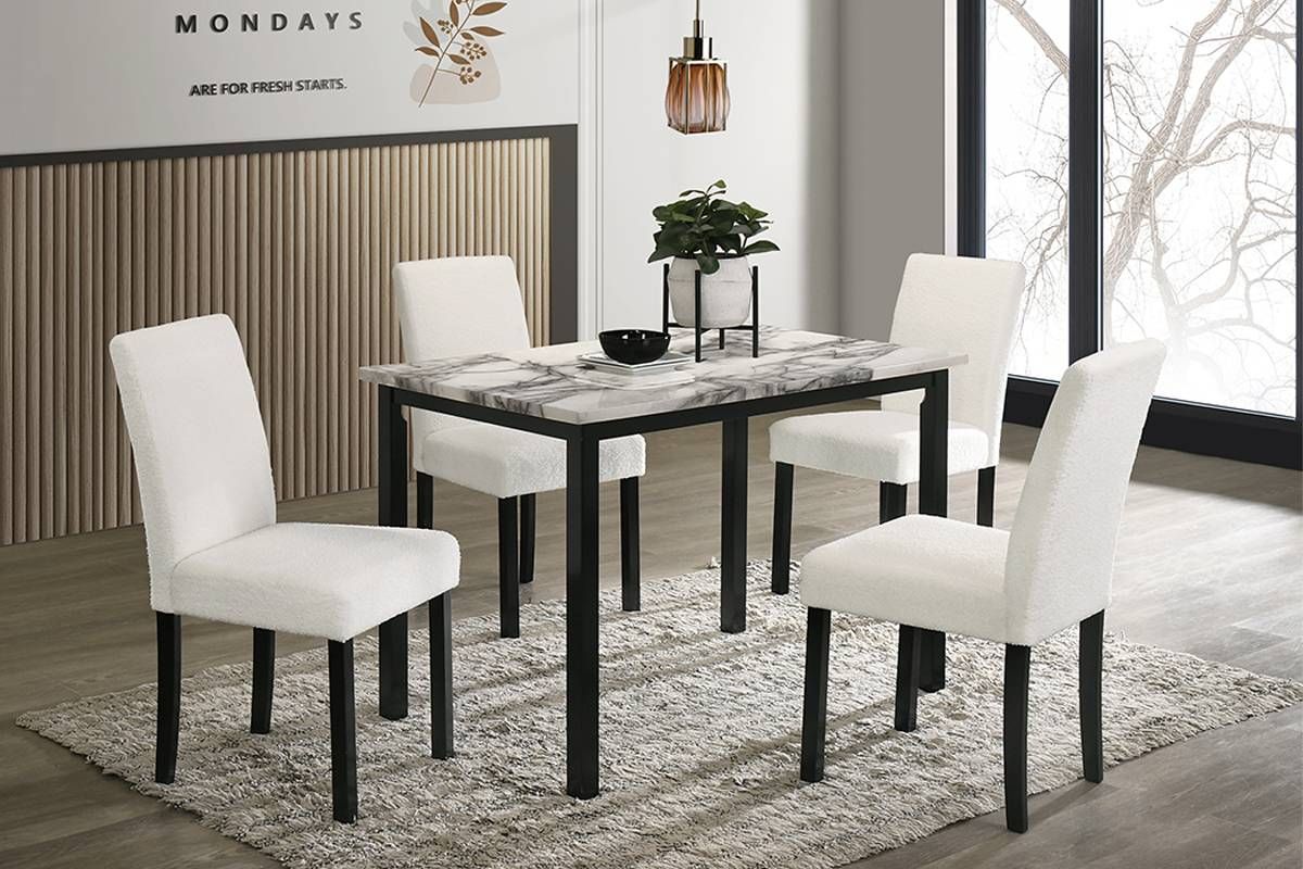 White Color Wool Fabric Chairs Faux Marble Top Table 5pc Dining Set Kitchen Dinette Cushions Upholstered 4x Chairs Dinin image 7