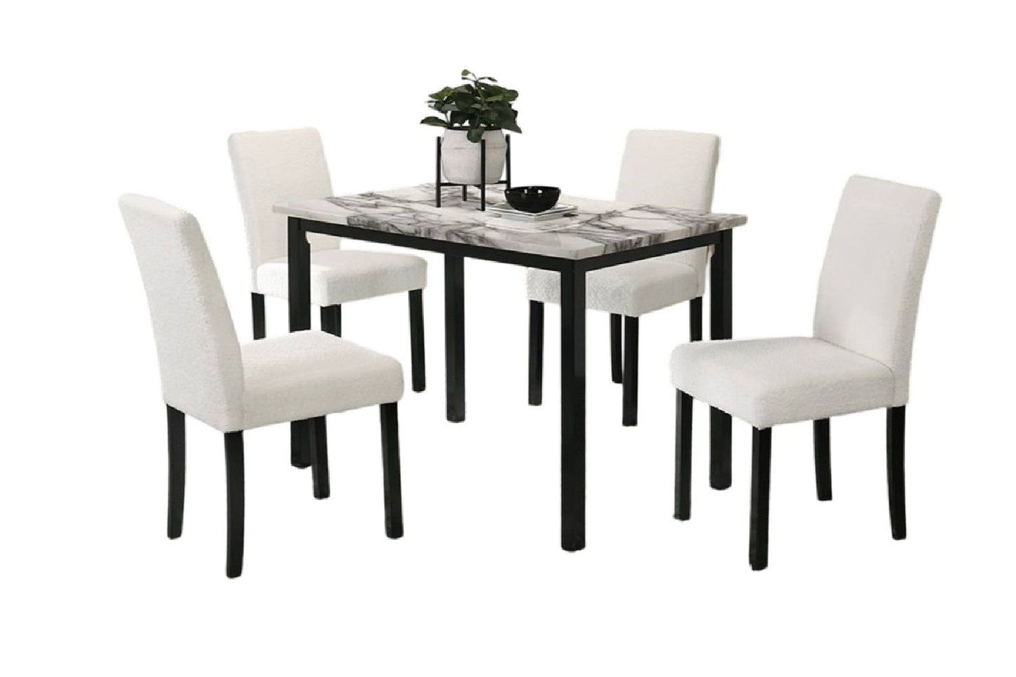 White Color Wool Fabric Chairs Faux Marble Top Table 5pc Dining Set Kitchen Dinette Cushions Upholstered 4x Chairs Dinin image 3
