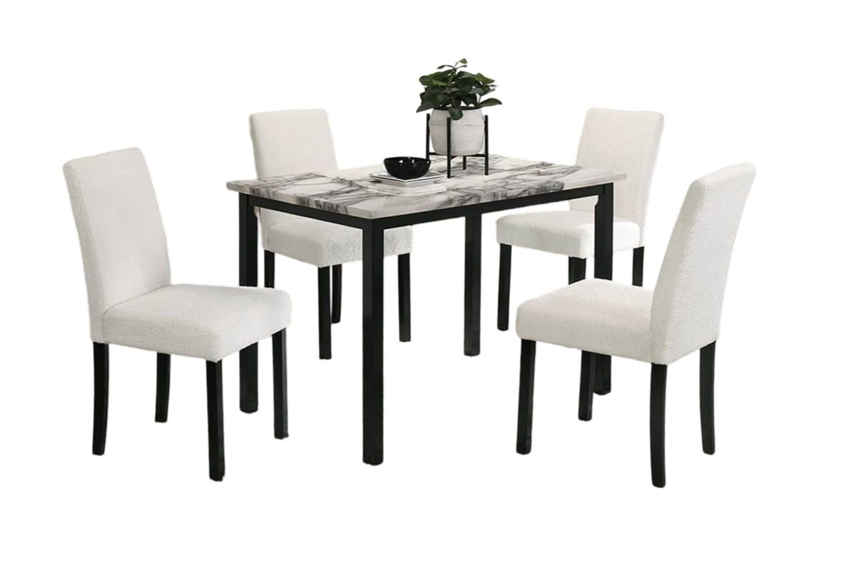 White Color Wool Fabric Chairs Faux Marble Top Table 5pc Dining Set Kitchen Dinette Cushions Upholstered 4x Chairs Dinin image 2