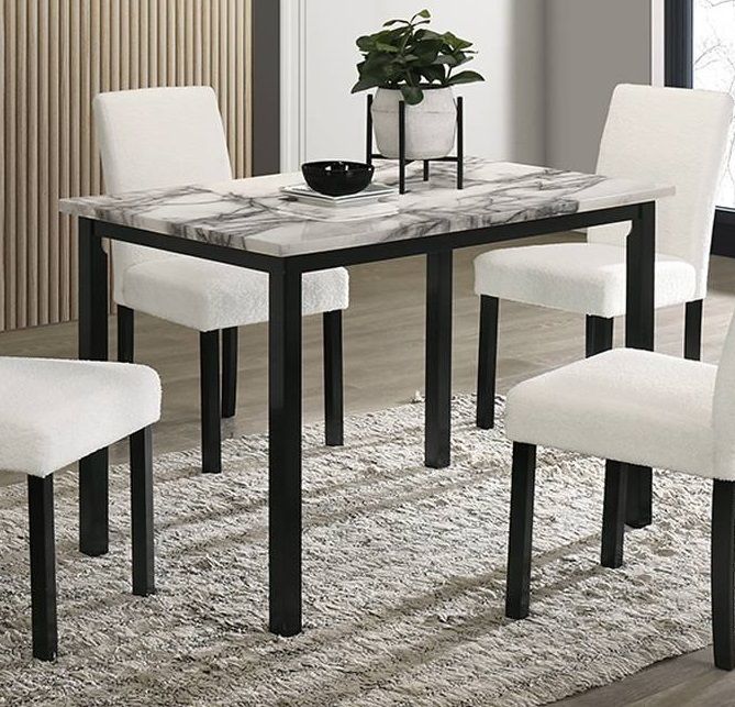 White Color Wool Fabric Chairs Faux Marble Top Table 5pc Dining Set Kitchen Dinette Cushions Upholstered 4x Chairs Dinin image 5