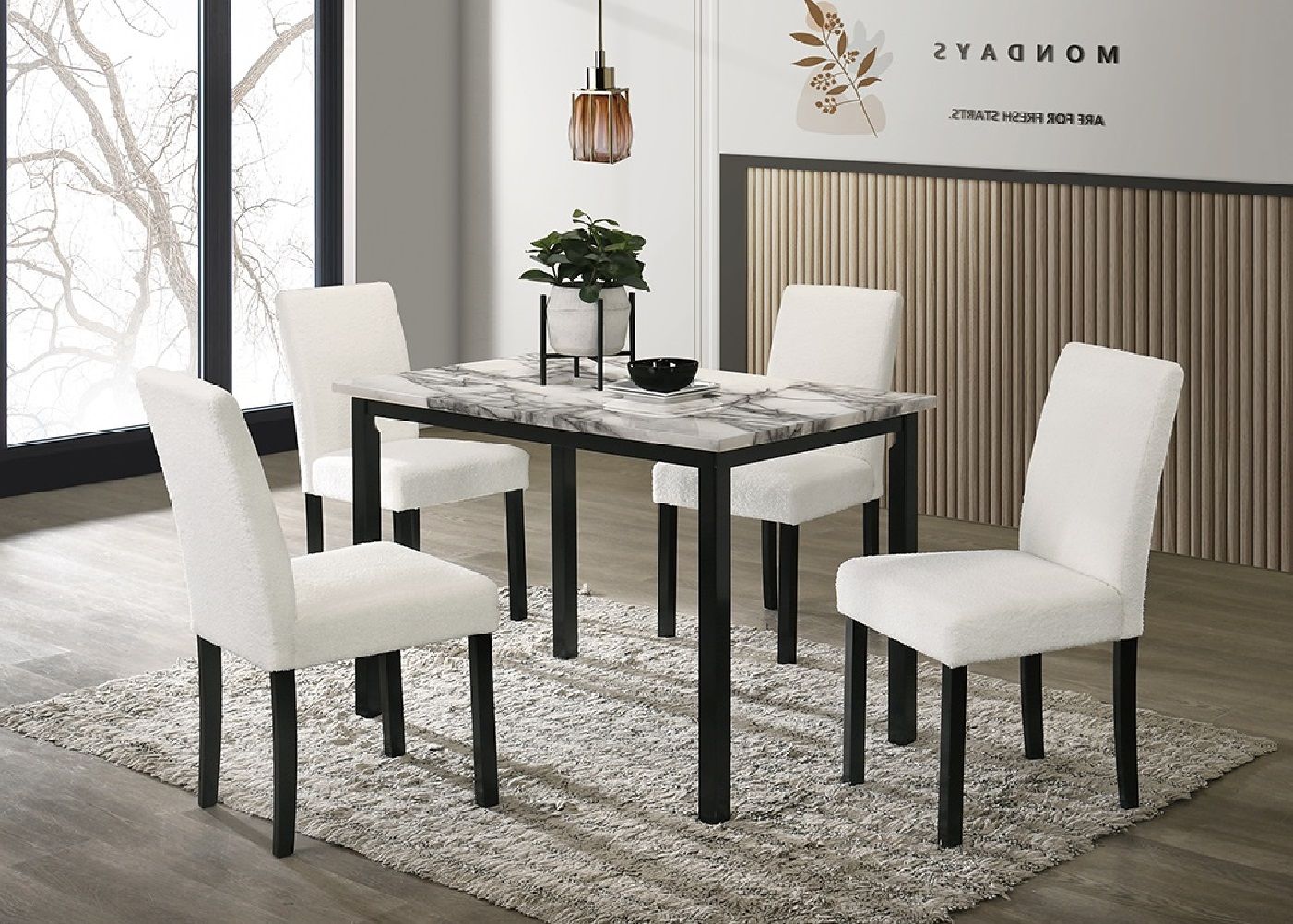 White Color Wool Fabric Chairs Faux Marble Top Table 5pc Dining Set Kitchen Dinette Cushions Upholstered 4x Chairs Dinin image 1