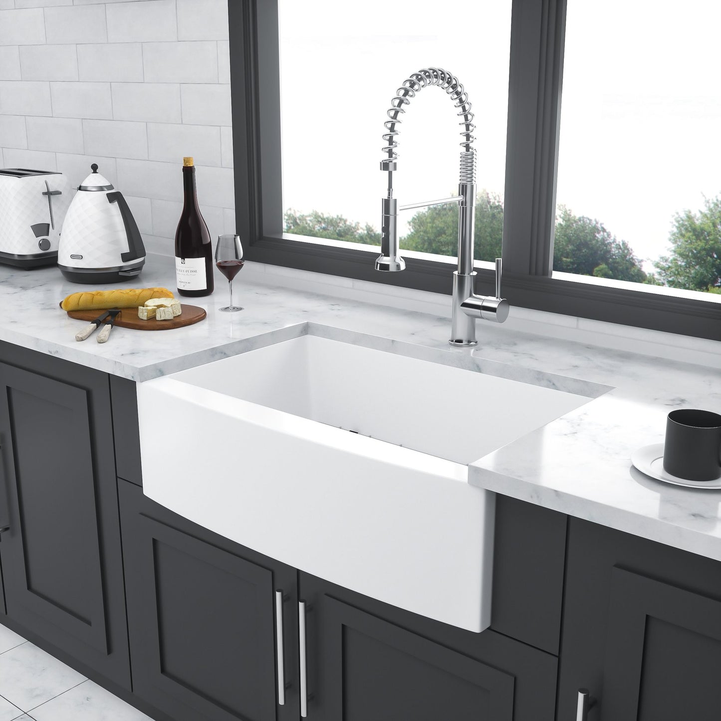 White Farmhouse Sink - 30 inch White Kitchen Sink Ceramic Arch Edge Apron Front Single Bowl Farm Kitchen Sinks image 4