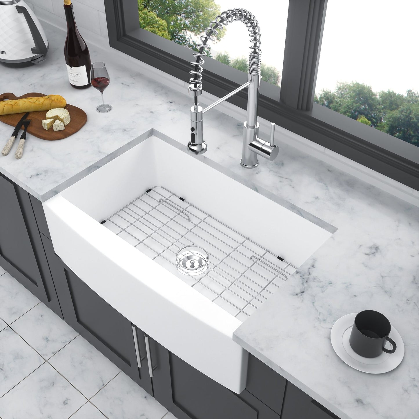 White Farmhouse Sink - 30 inch White Kitchen Sink Ceramic Arch Edge Apron Front Single Bowl Farm Kitchen Sinks image 2