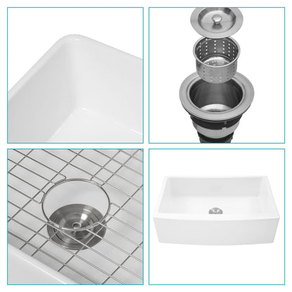 White Farmhouse Sink - 30 inch White Kitchen Sink Ceramic Arch Edge Apron Front Single Bowl Farm Kitchen Sinks image 5