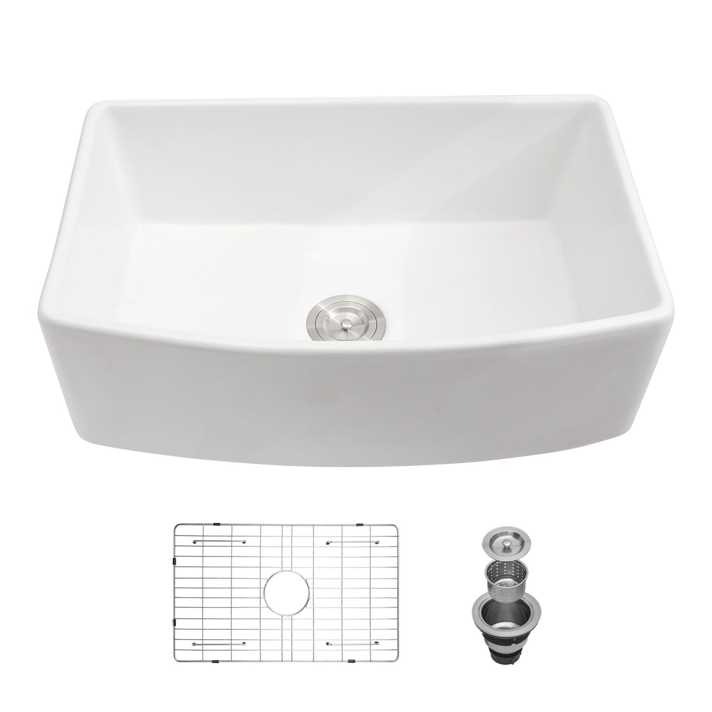 White Farmhouse Sink - 33 x 19 x 10 inch White Kitchen Sink Porcelain Ceramic Arch Edge Apron Front Single Bowl Farm Kit image 1
