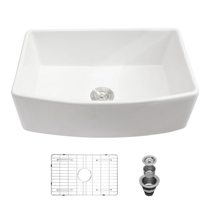 White Farmhouse Sink - 33 x 19 x 10 inch White Kitchen Sink Porcelain Ceramic Arch Edge Apron Front Single Bowl Farm Kit image 1