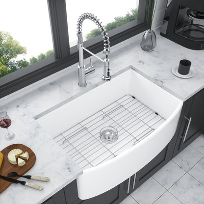 White Farmhouse Sink - 33 x 19 x 10 inch White Kitchen Sink Porcelain Ceramic Arch Edge Apron Front Single Bowl Farm Kit image 3