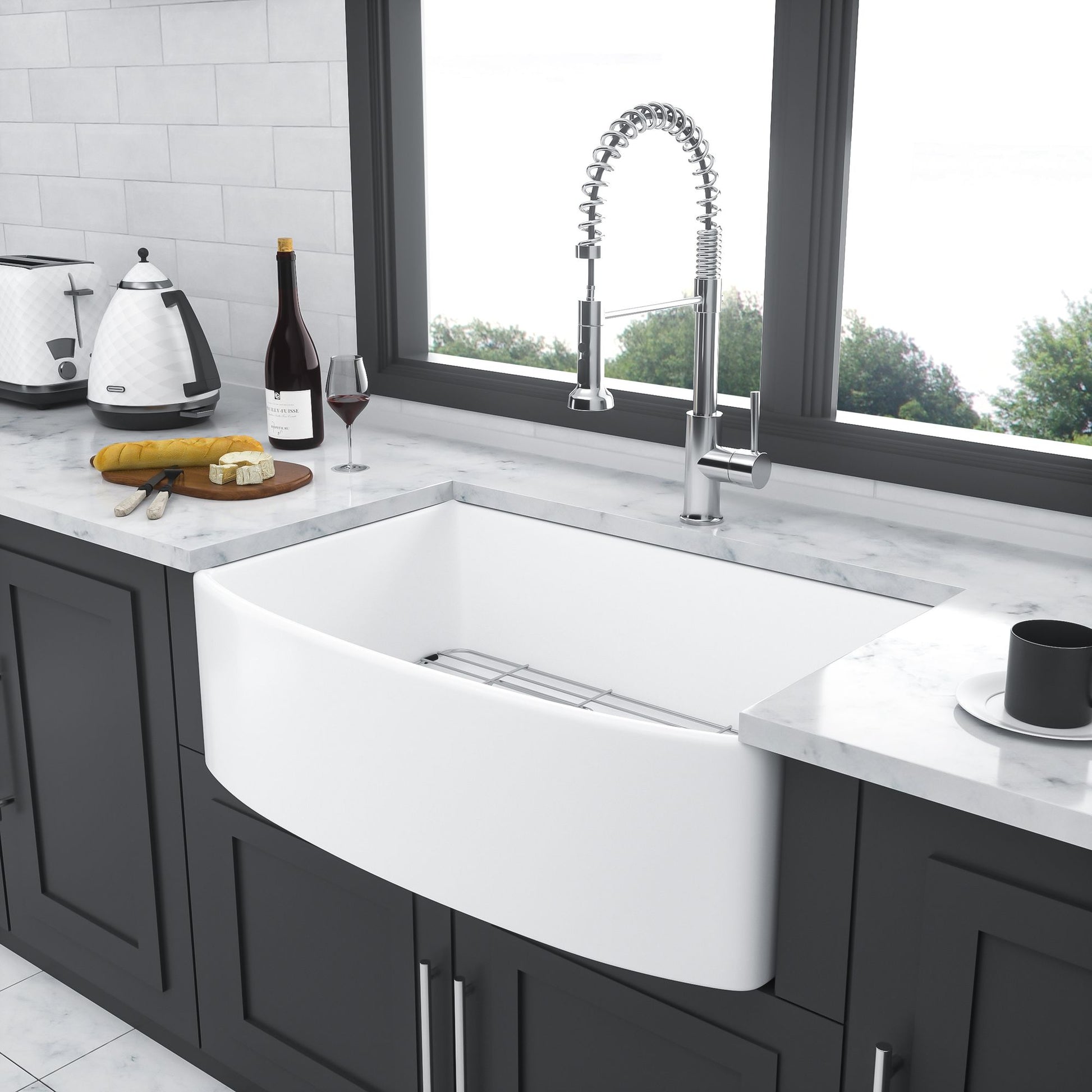 White Farmhouse Sink - 33 x 19 x 10 inch White Kitchen Sink Porcelain Ceramic Arch Edge Apron Front Single Bowl Farm Kit image 5
