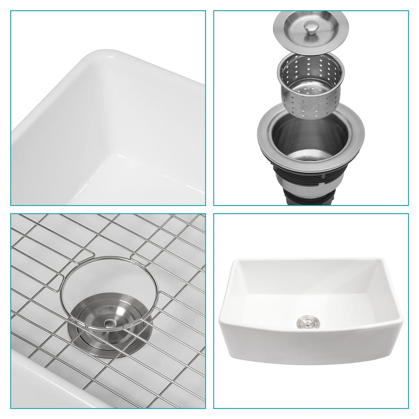 White Farmhouse Sink - 33 x 19 x 10 inch White Kitchen Sink Porcelain Ceramic Arch Edge Apron Front Single Bowl Farm Kit image 6