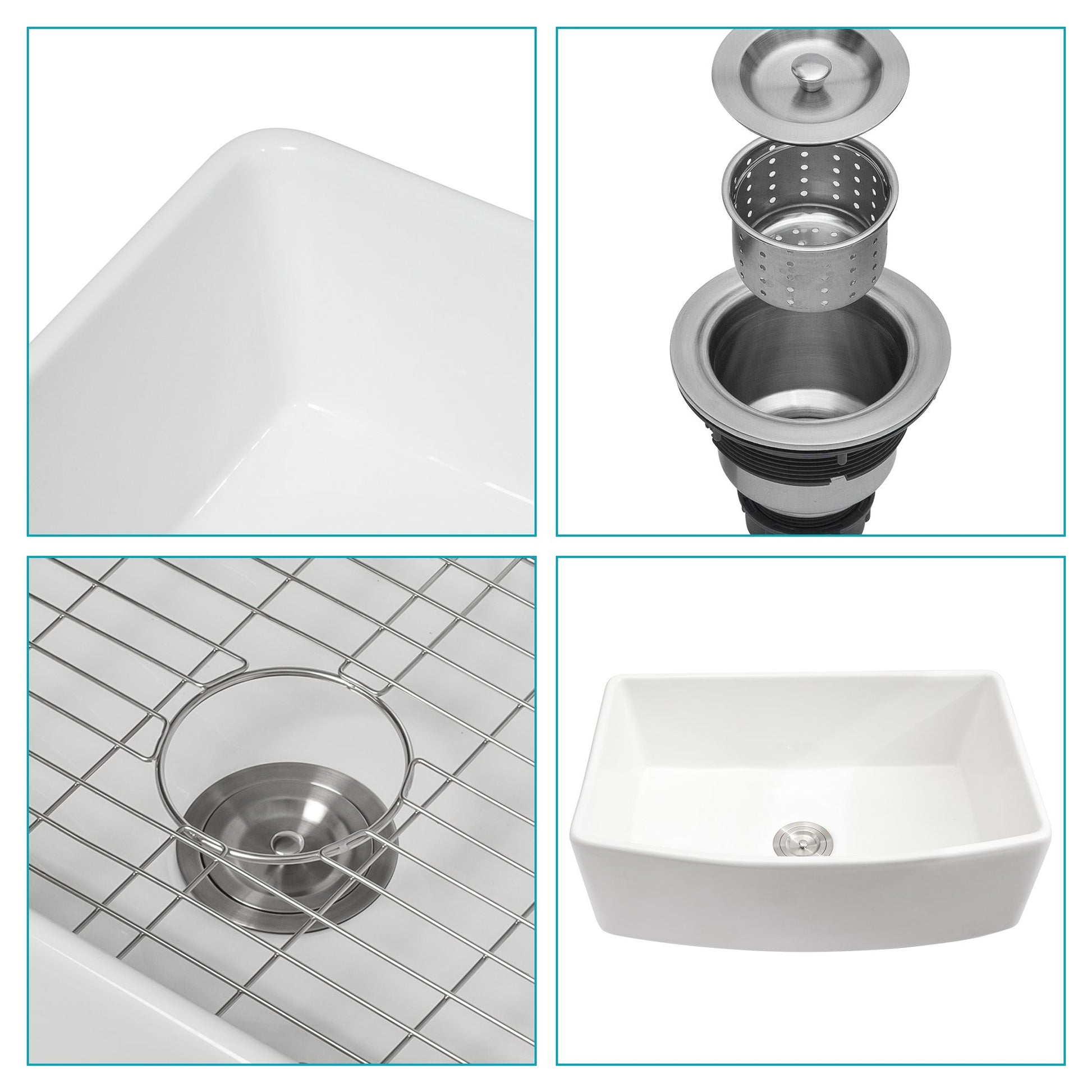 White Farmhouse Sink - 33 x 19 x 10 inch White Kitchen Sink Porcelain Ceramic Arch Edge Apron Front Single Bowl Farm Kit image 6