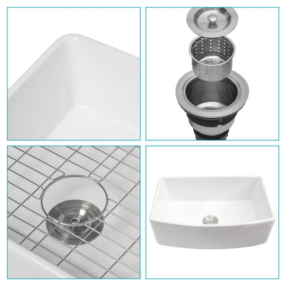 White Farmhouse Sink - 33 x 19 x 10 inch White Kitchen Sink Porcelain Ceramic Arch Edge Apron Front Single Bowl Farm Kit image 6