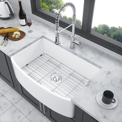 White Farmhouse Sink - 33 x 19 x 10 inch White Kitchen Sink Porcelain Ceramic Arch Edge Apron Front Single Bowl Farm Kit image 4