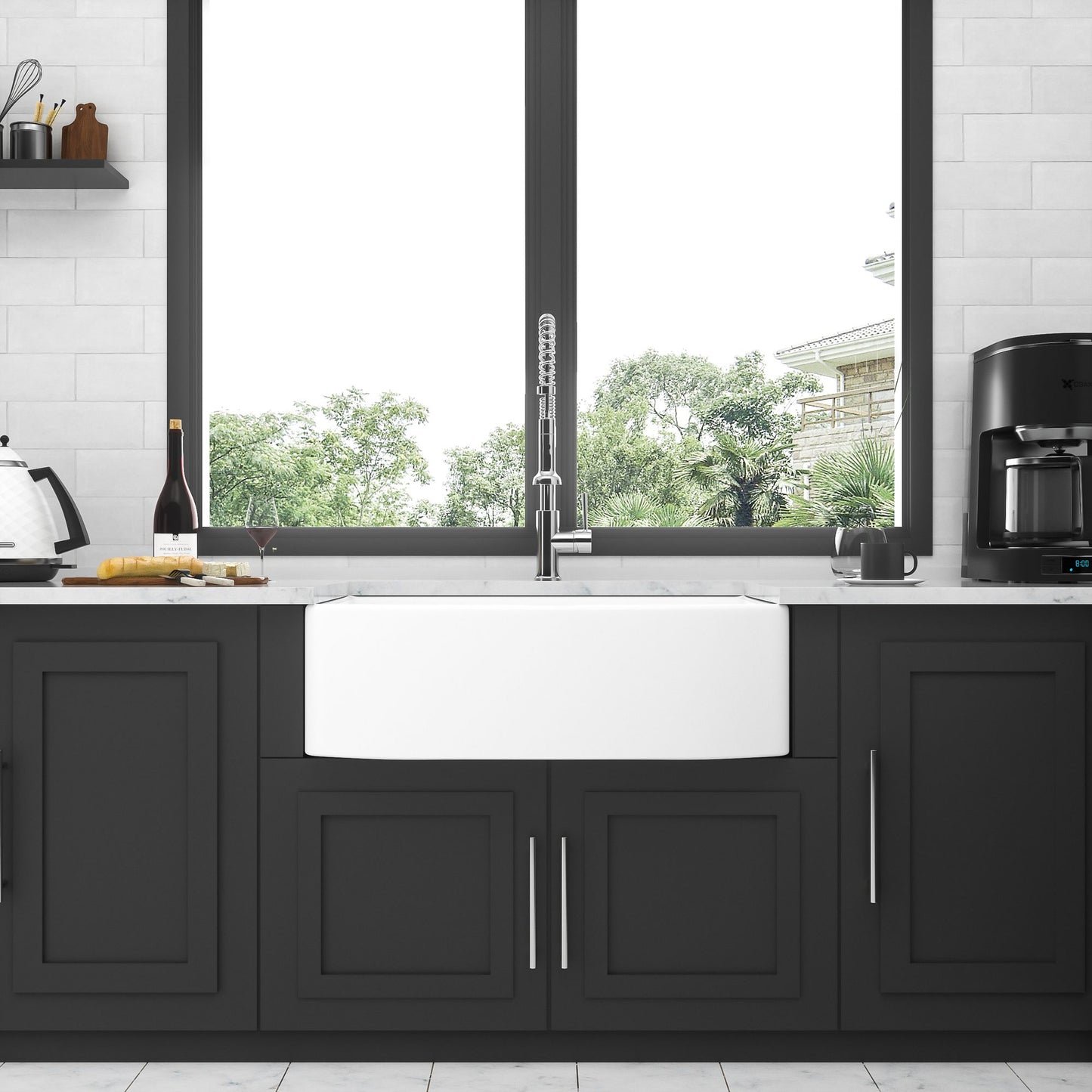 White Farmhouse Sink - 33 x 19 x 10 inch White Kitchen Sink Porcelain Ceramic Arch Edge Apron Front Single Bowl Farm Kit image 2