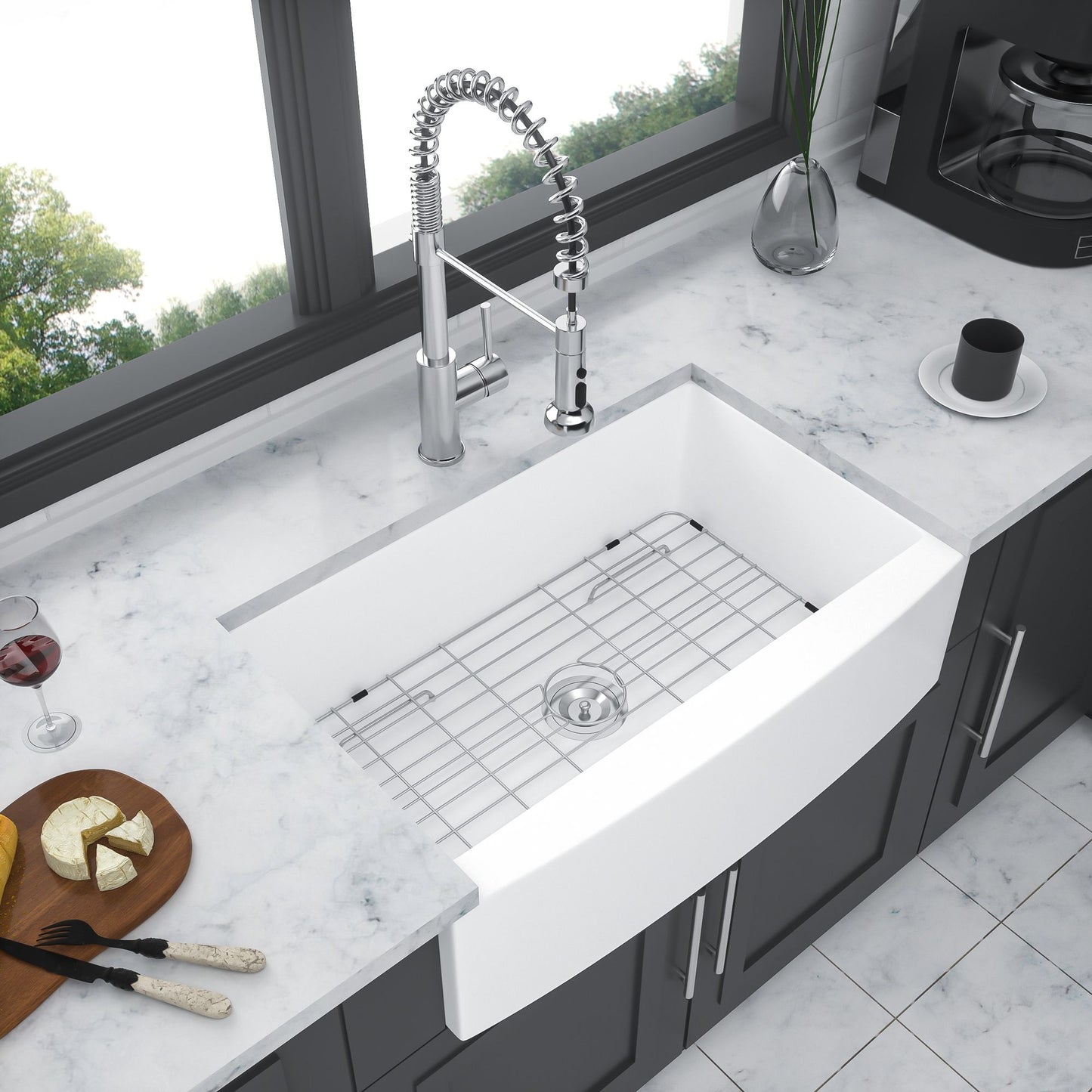 White Farmhouse Sink - 33 x 21 x 10 inch White Kitchen Sink Ceramic Porcelain Arch Edge Apron Front Single Bowl Farm Kit image 1