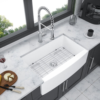 White Farmhouse Sink - 33 x 21 x 10 inch White Kitchen Sink Ceramic Porcelain Arch Edge Apron Front Single Bowl Farm Kit image 1