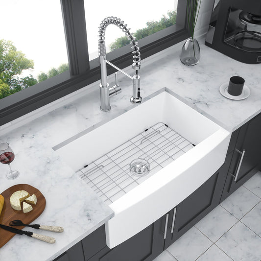 White Farmhouse Sink - 33 x 21 x 10 inch White Kitchen Sink Ceramic Porcelain Arch Edge Apron Front Single Bowl Farm Kit image 1