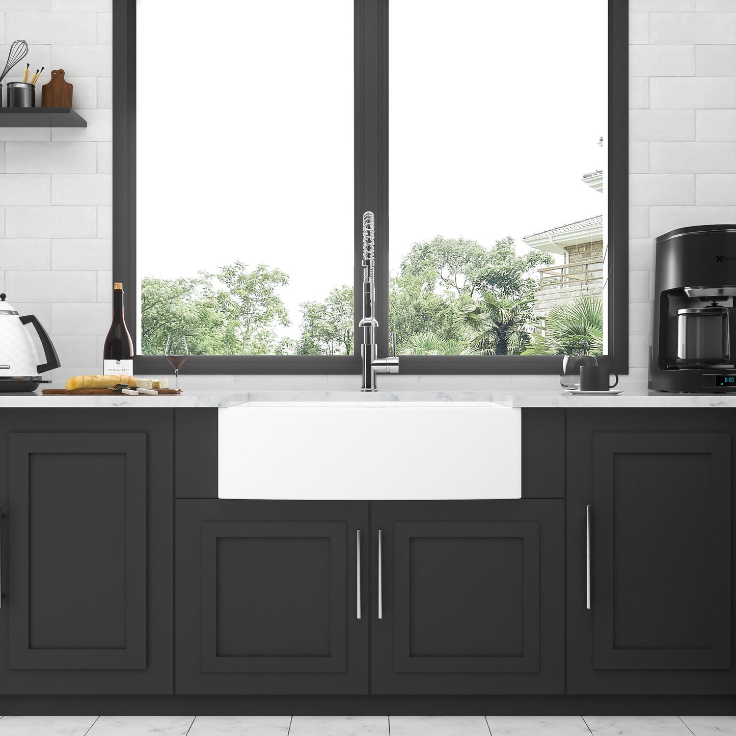 White Farmhouse Sink - 33 x 21 x 10 inch White Kitchen Sink Ceramic Porcelain Arch Edge Apron Front Single Bowl Farm Kit image 3
