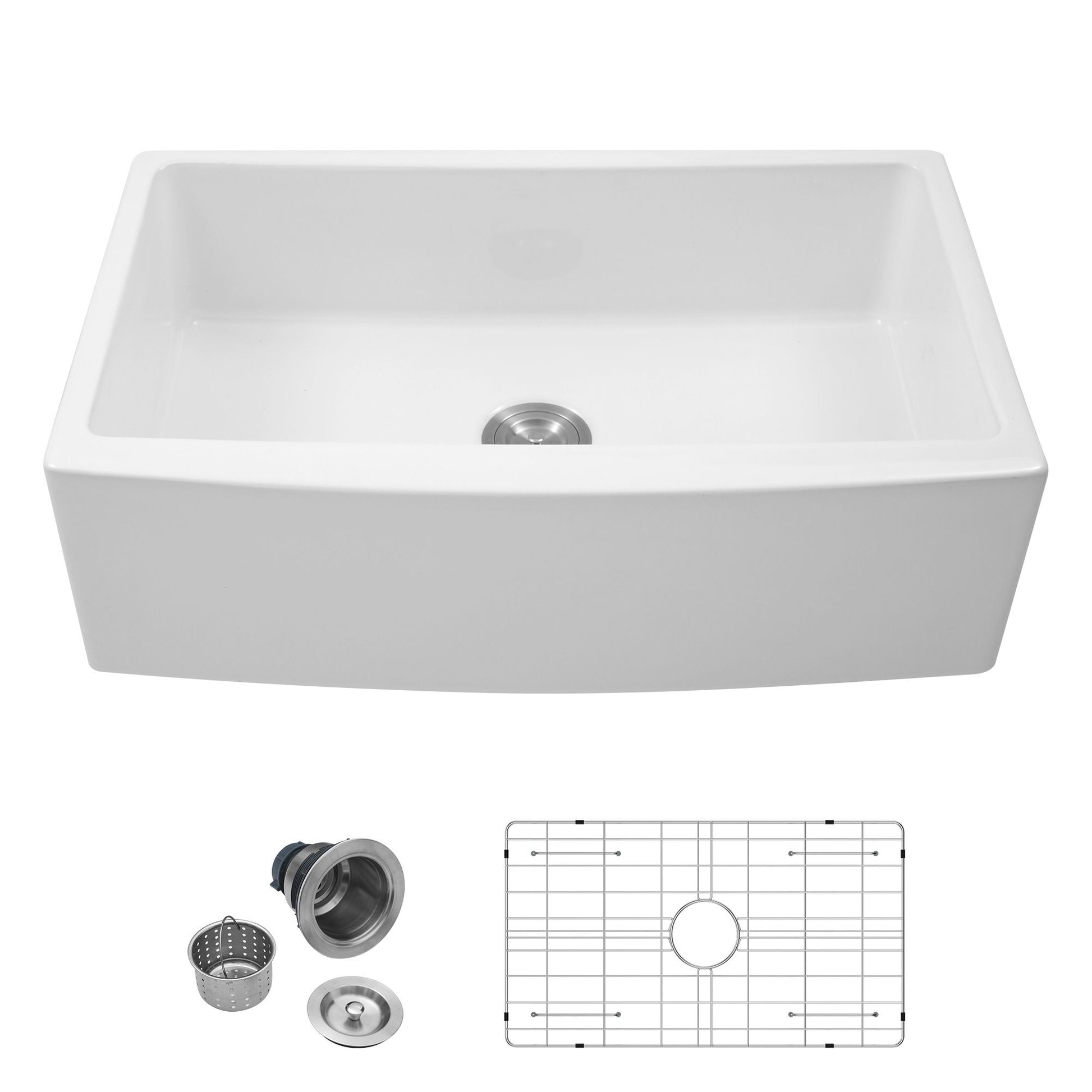 White Farmhouse Sink - 33 x 21 x 10 inch White Kitchen Sink Ceramic Porcelain Arch Edge Apron Front Single Bowl Farm Kit image 6