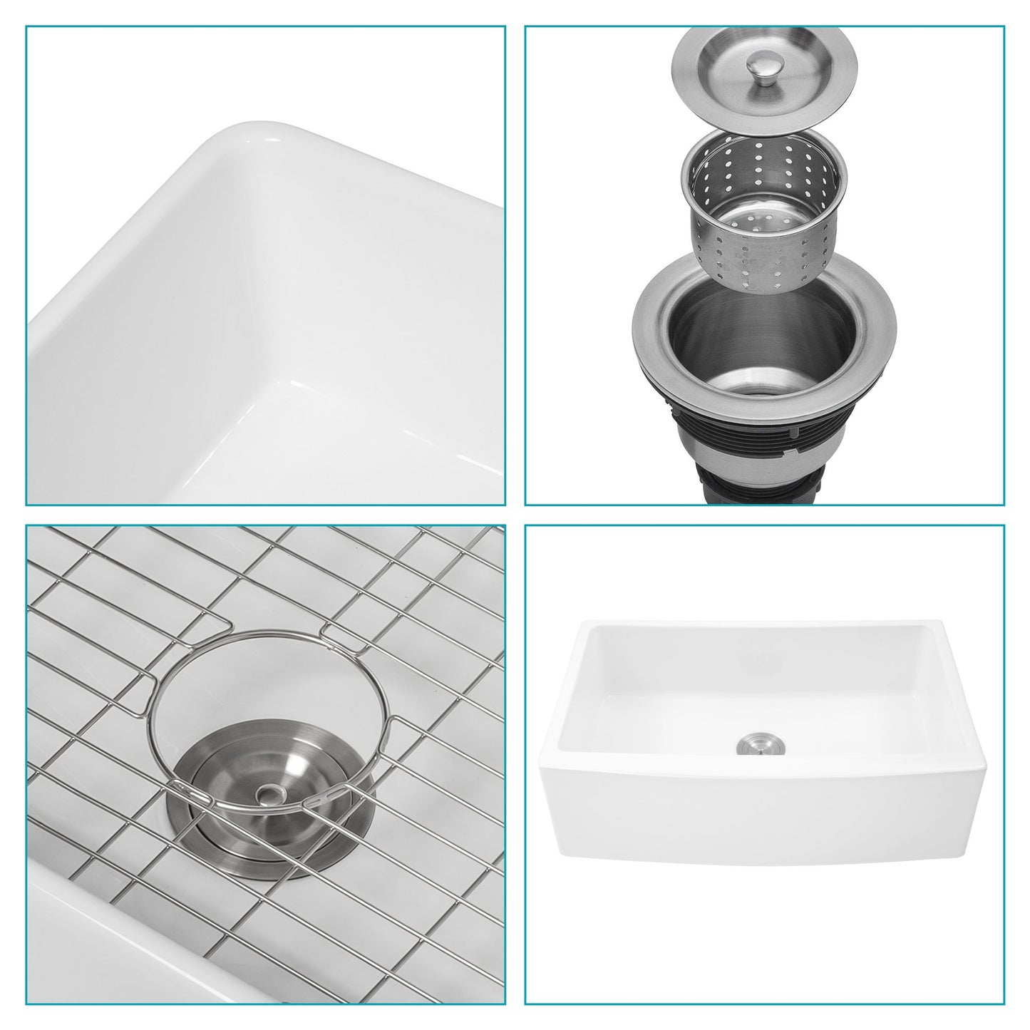 White Farmhouse Sink - 33 x 21 x 10 inch White Kitchen Sink Ceramic Porcelain Arch Edge Apron Front Single Bowl Farm Kit image 5