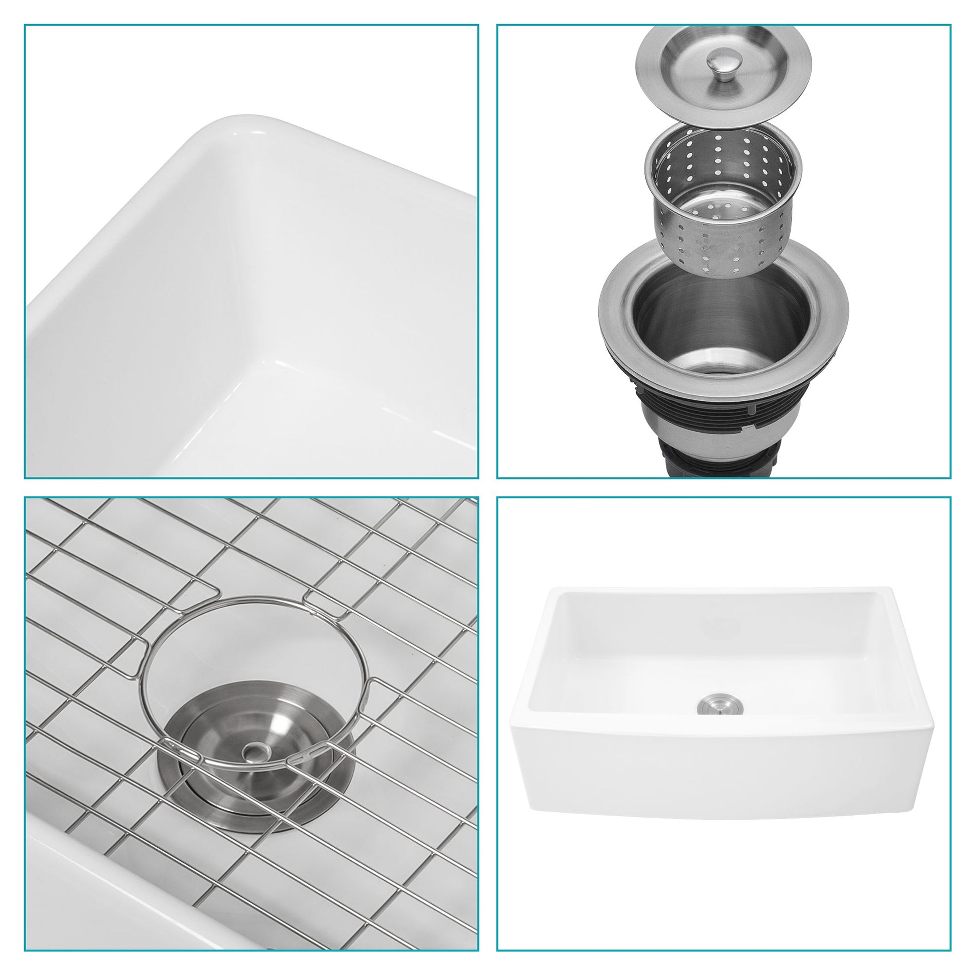 White Farmhouse Sink - 33 x 21 x 10 inch White Kitchen Sink Ceramic Porcelain Arch Edge Apron Front Single Bowl Farm Kit image 5