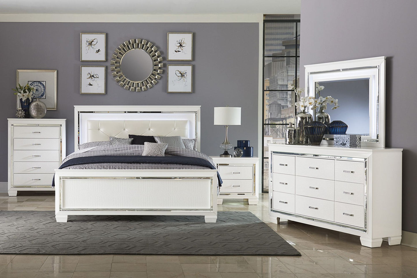White Finish Dresser Bold Design 9 Drawers Glamorous Faux-Alligator Textured Fronts Wooden Bedroom Furniture image 5
