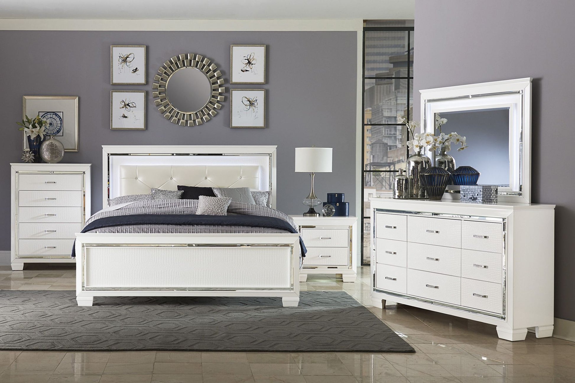 White Finish Dresser Bold Design 9 Drawers Glamorous Faux-Alligator Textured Fronts Wooden Bedroom Furniture image 5