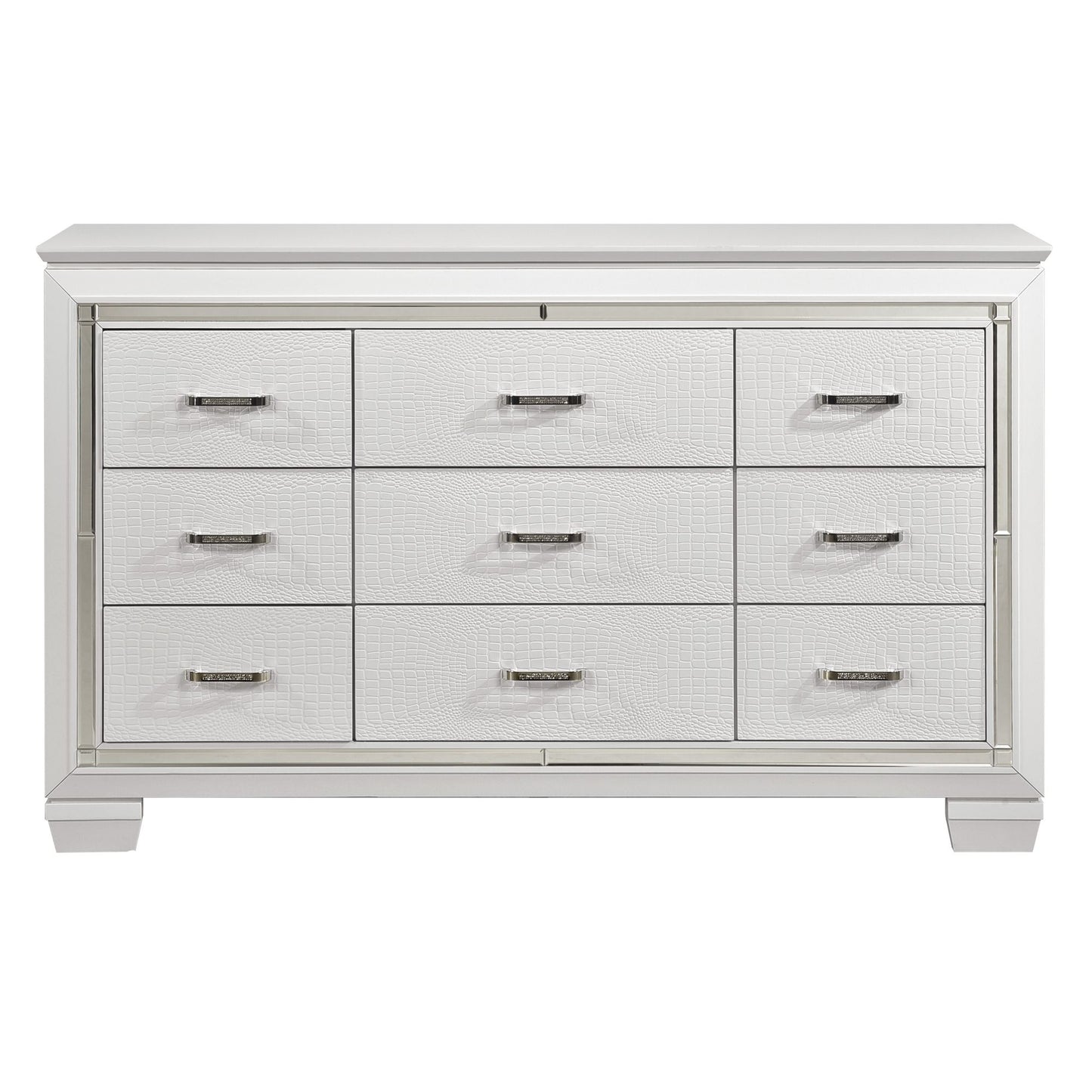 White Finish Dresser Bold Design 9 Drawers Glamorous Faux-Alligator Textured Fronts Wooden Bedroom Furniture image 1