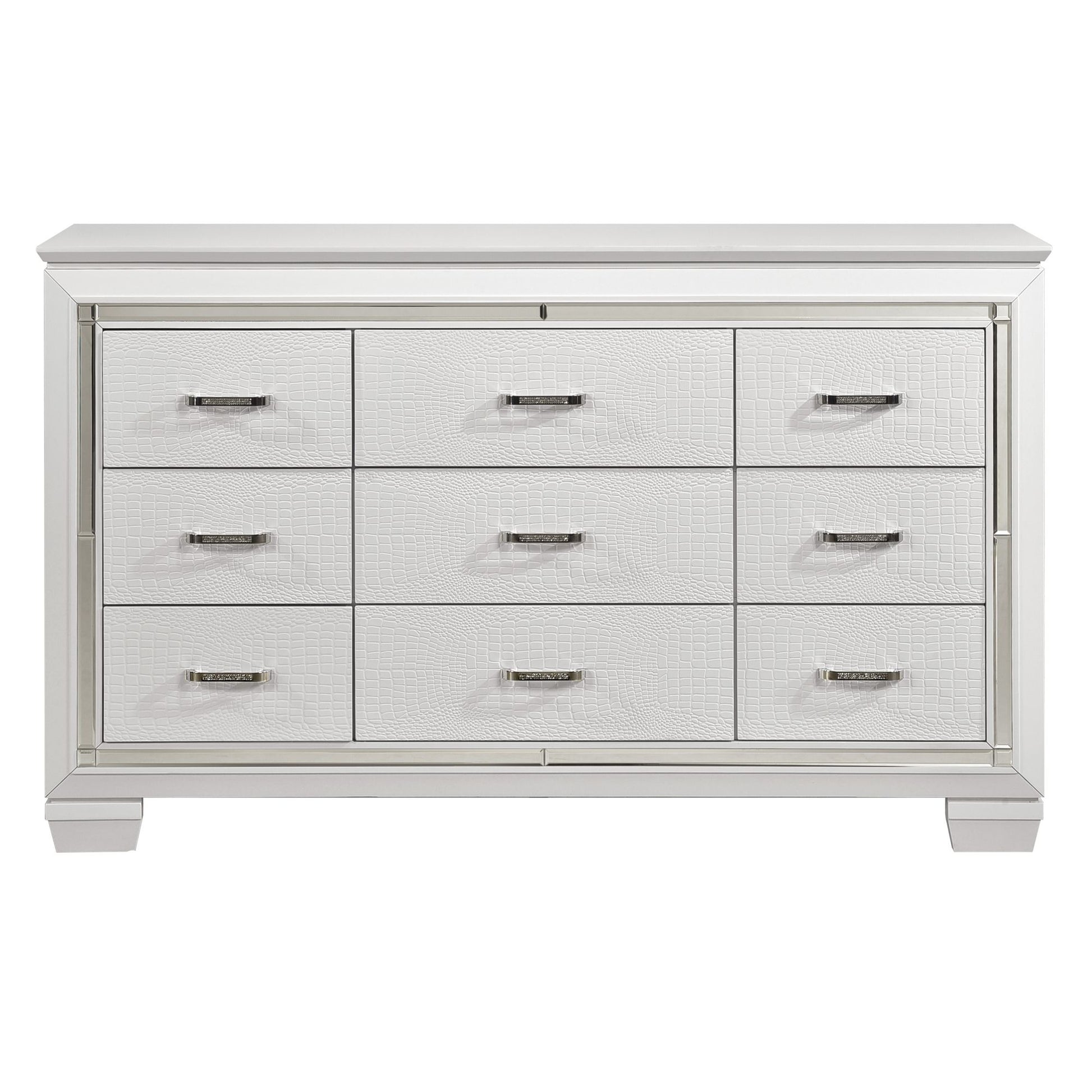 White Finish Dresser Bold Design 9 Drawers Glamorous Faux-Alligator Textured Fronts Wooden Bedroom Furniture image 1
