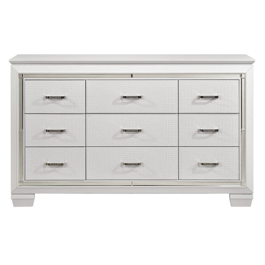 White Finish Dresser Bold Design 9 Drawers Glamorous Faux-Alligator Textured Fronts Wooden Bedroom Furniture image 1
