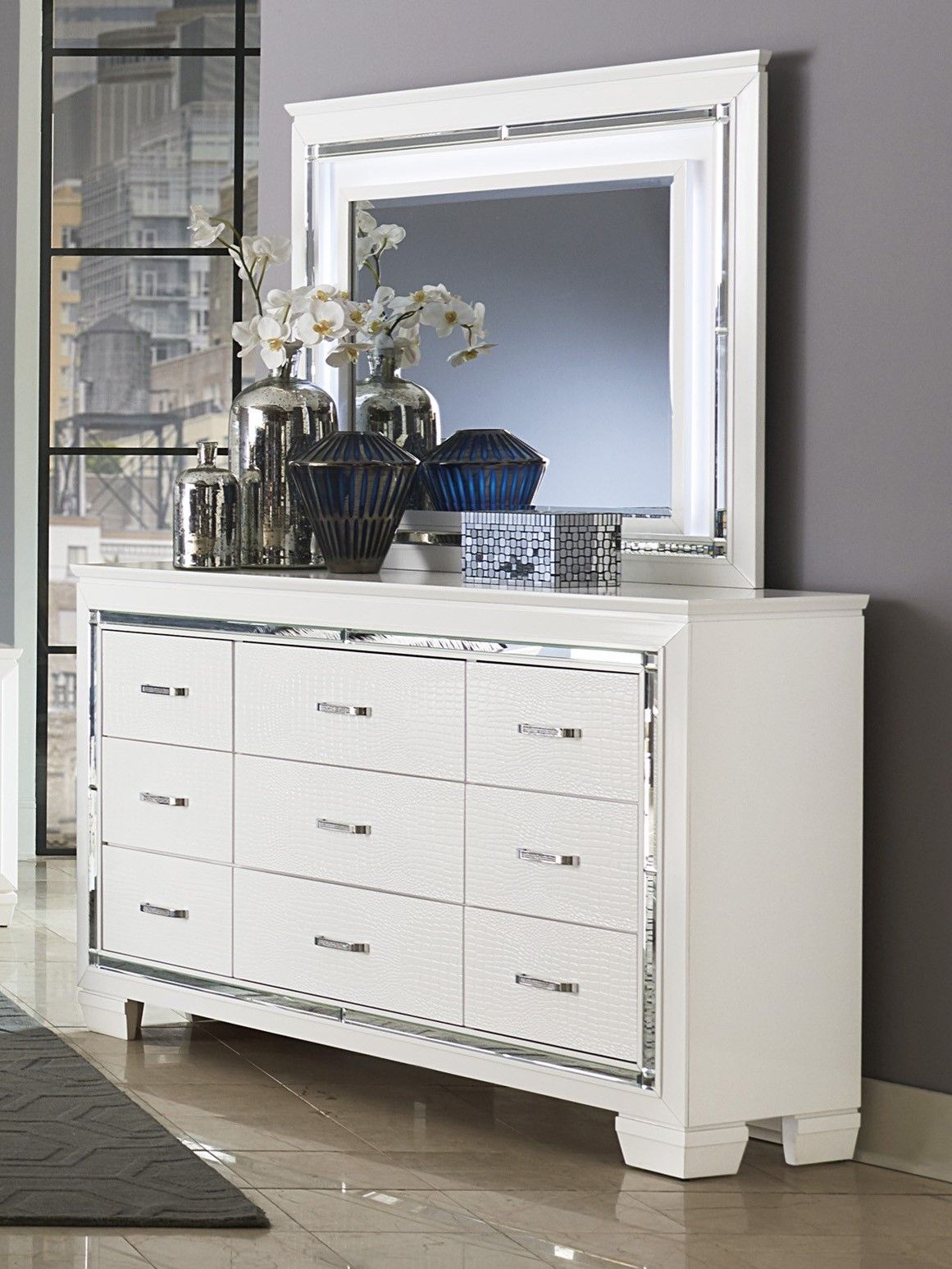 White Finish Dresser Bold Design 9 Drawers Glamorous Faux-Alligator Textured Fronts Wooden Bedroom Furniture image 4