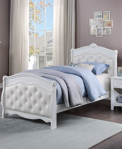 White Full Size Bed Youth Bedroom Furniture White Faux Leather Headboard Footboard Plywood 1pc Bedframe image 2