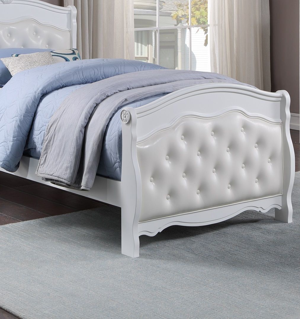 White Full Size Bed Youth Bedroom Furniture White Faux Leather Headboard Footboard Plywood 1pc Bedframe image 3