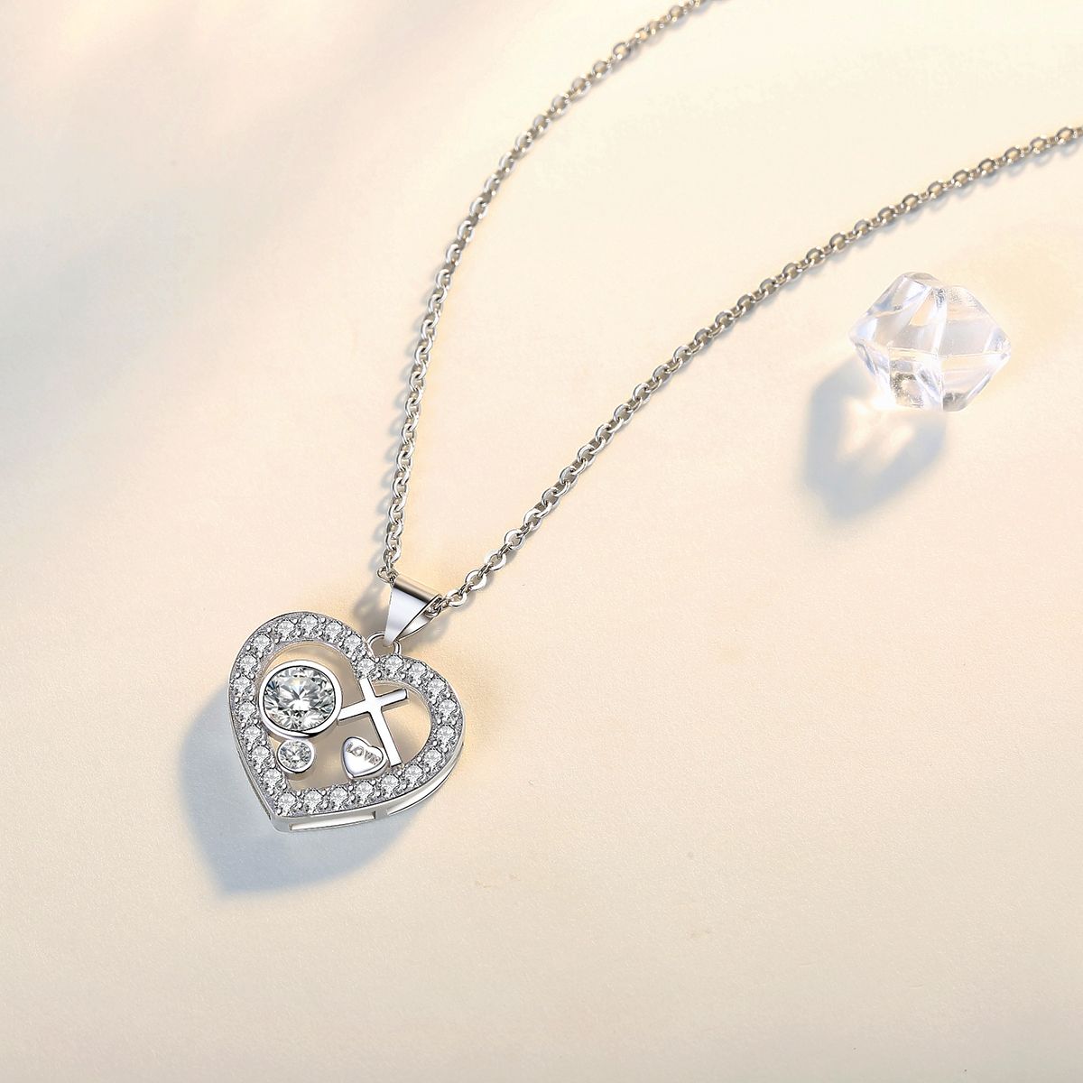 White Gold Plated 5A Cubic Zirconia Cross Heart Pendant Necklace for Women image 3