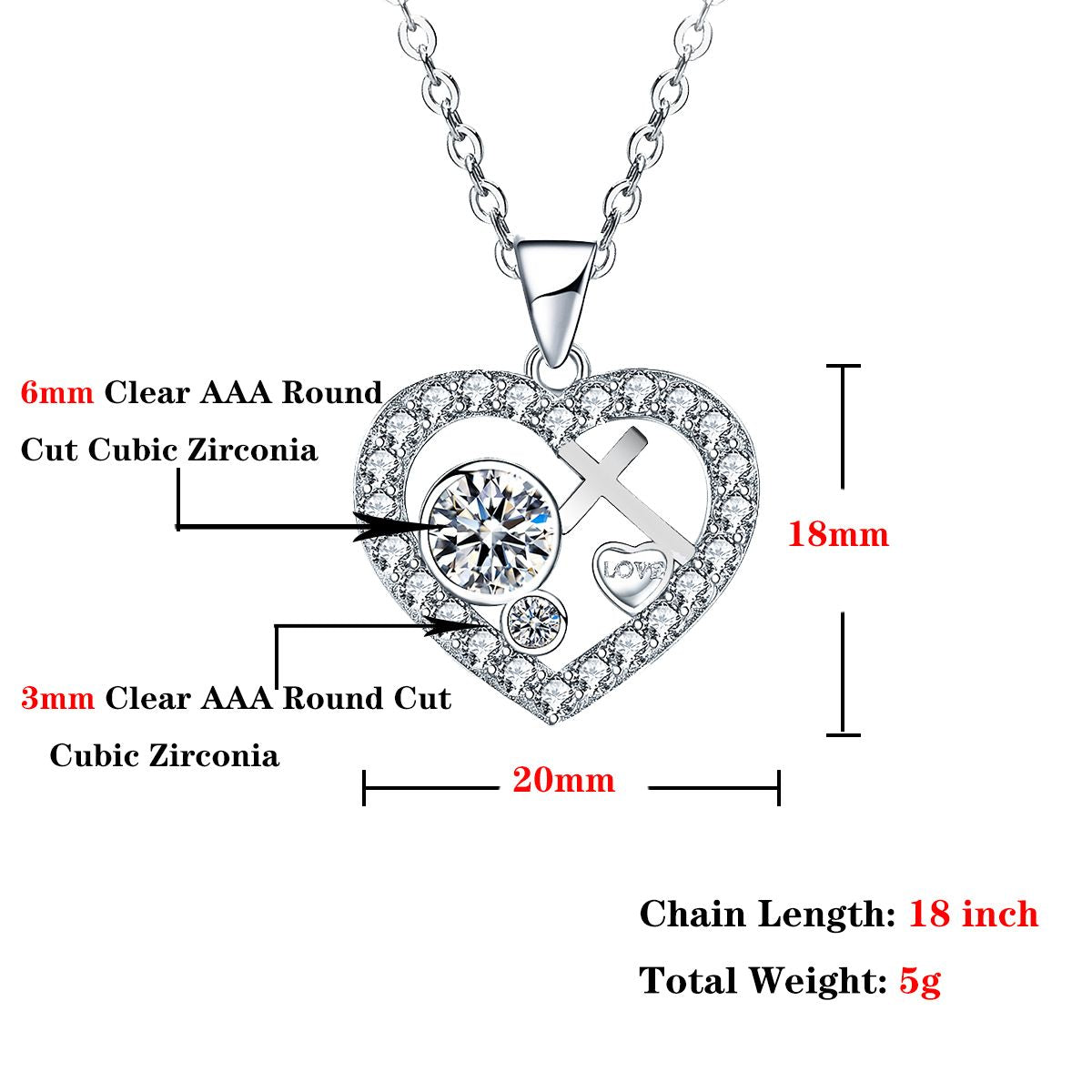 White Gold Plated 5A Cubic Zirconia Cross Heart Pendant Necklace for Women image 4