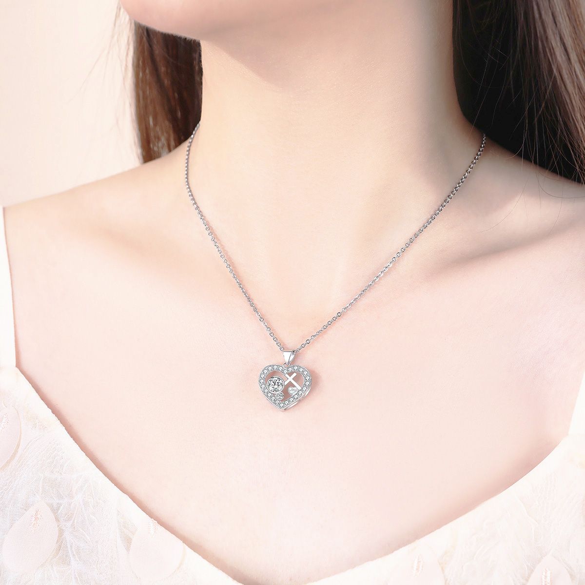 White Gold Plated 5A Cubic Zirconia Cross Heart Pendant Necklace for Women image 5
