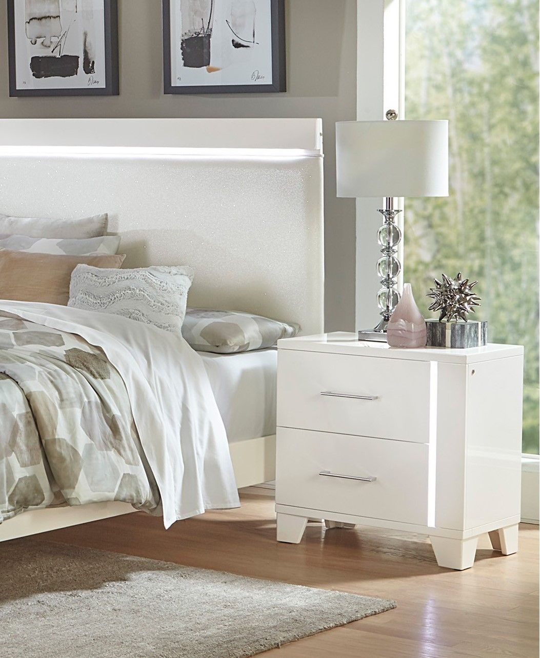 White High Gloss Finish Modern Bedroom 1pc Nightstand with LED Light Wooden Furniture Luxury Bedside Table image 1