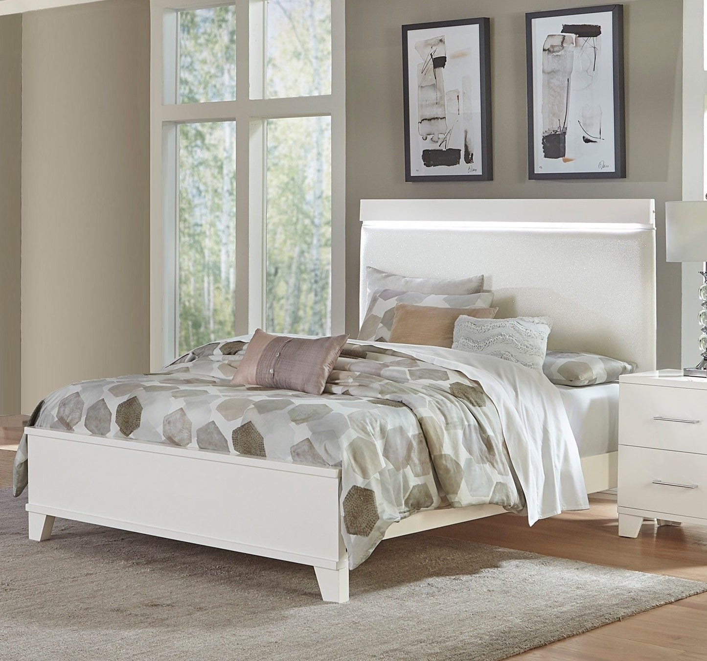 White High Gloss Finish Modern Full Bed 1pc LED Light Headboard Faux Leather Upholstered Wooden Furniture image 1