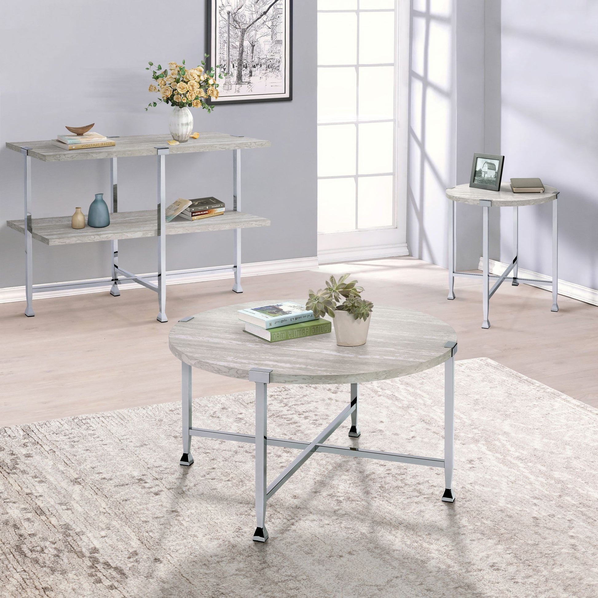 White Oak and Chrome End Table with X Shape Base image 6