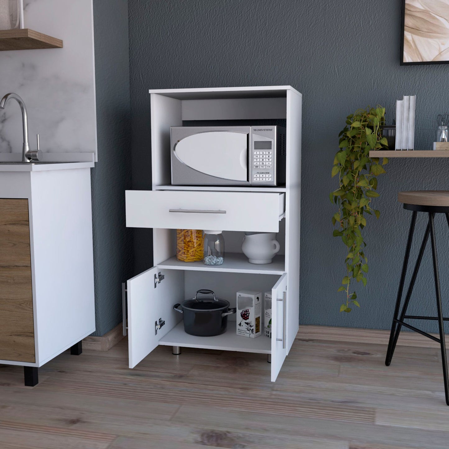 White Pantry Cabinet Microwave Stand image 2