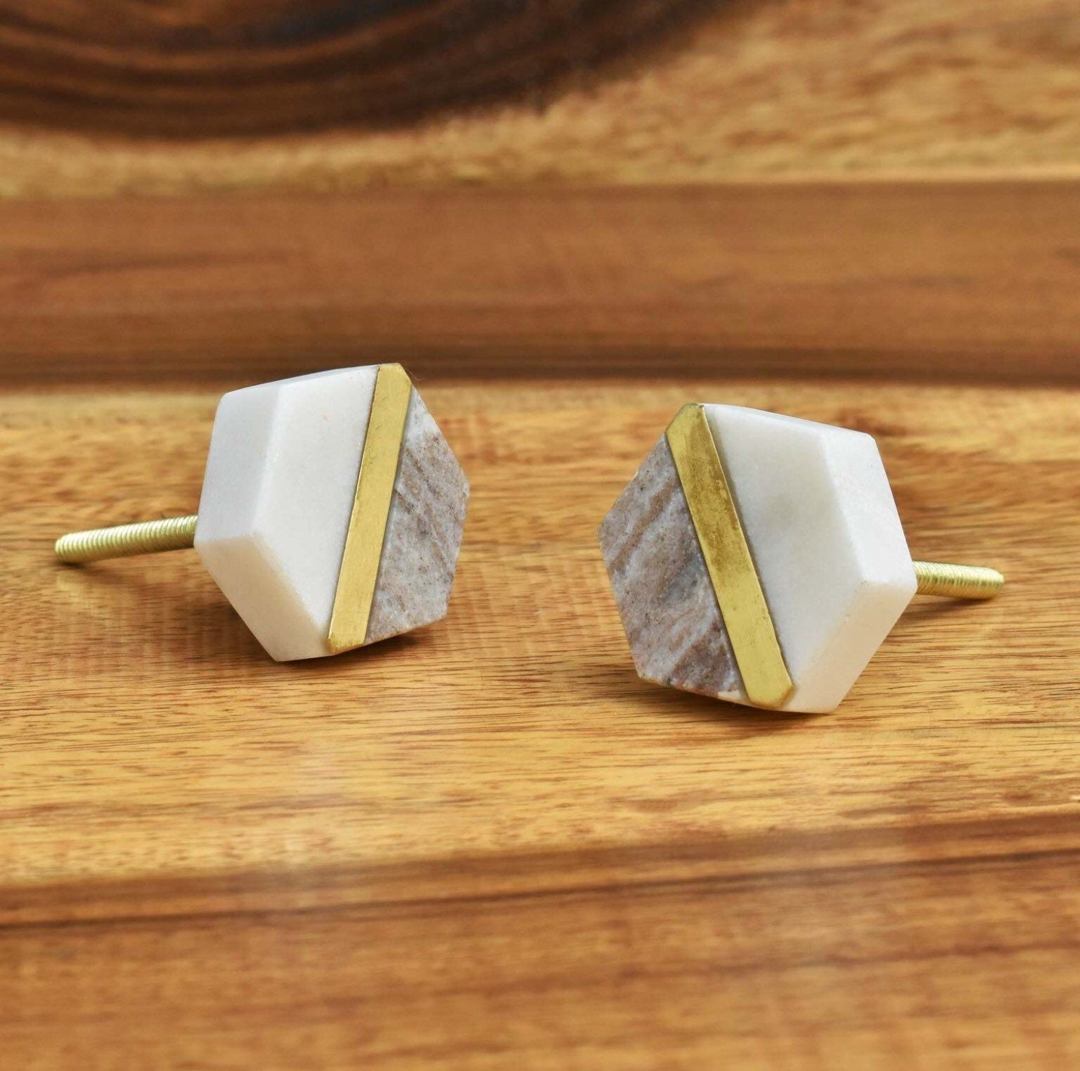 White Stone, Gold Hexagon Cabinet Knobs, and pulls image 1