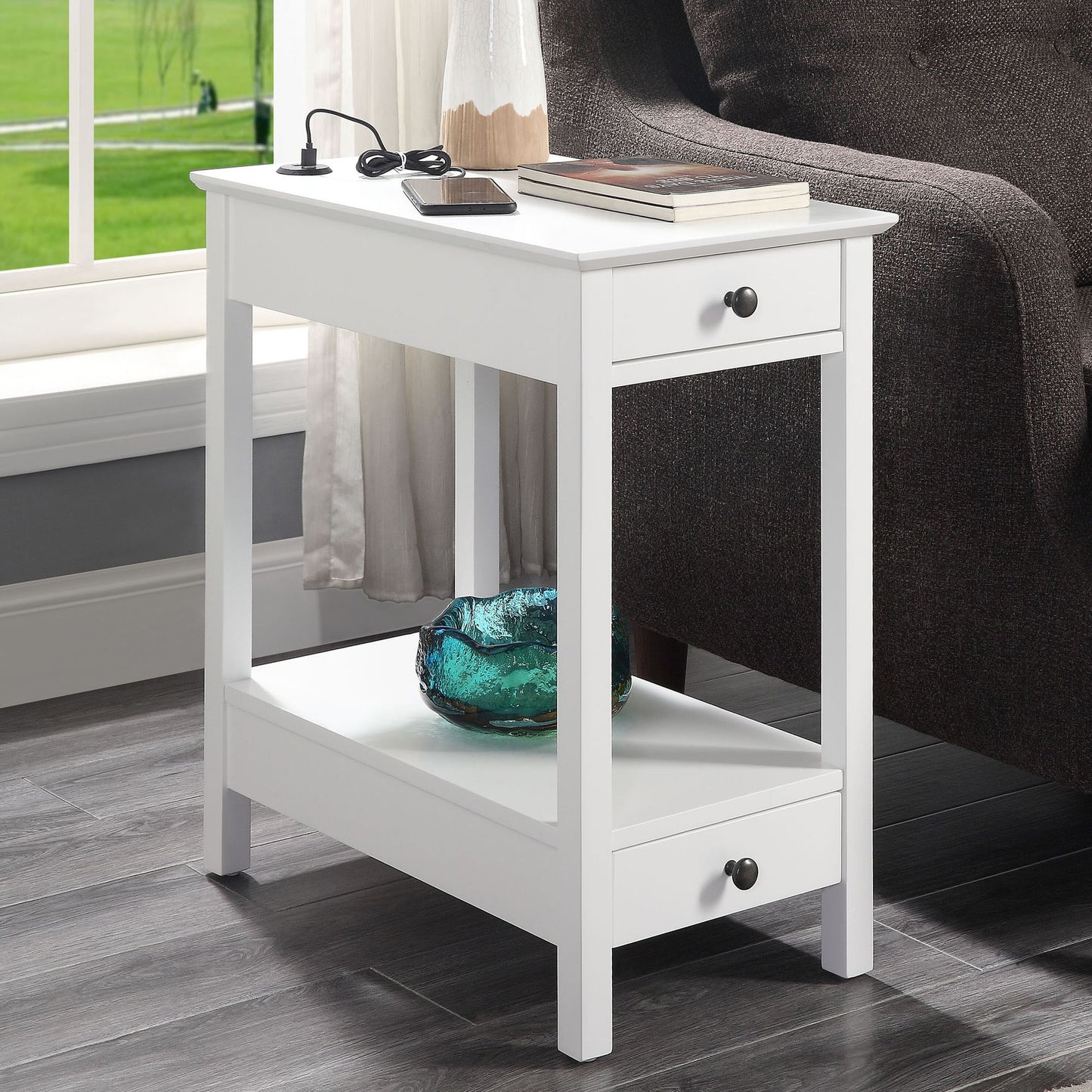 White Storage Accent Table with USB image 1