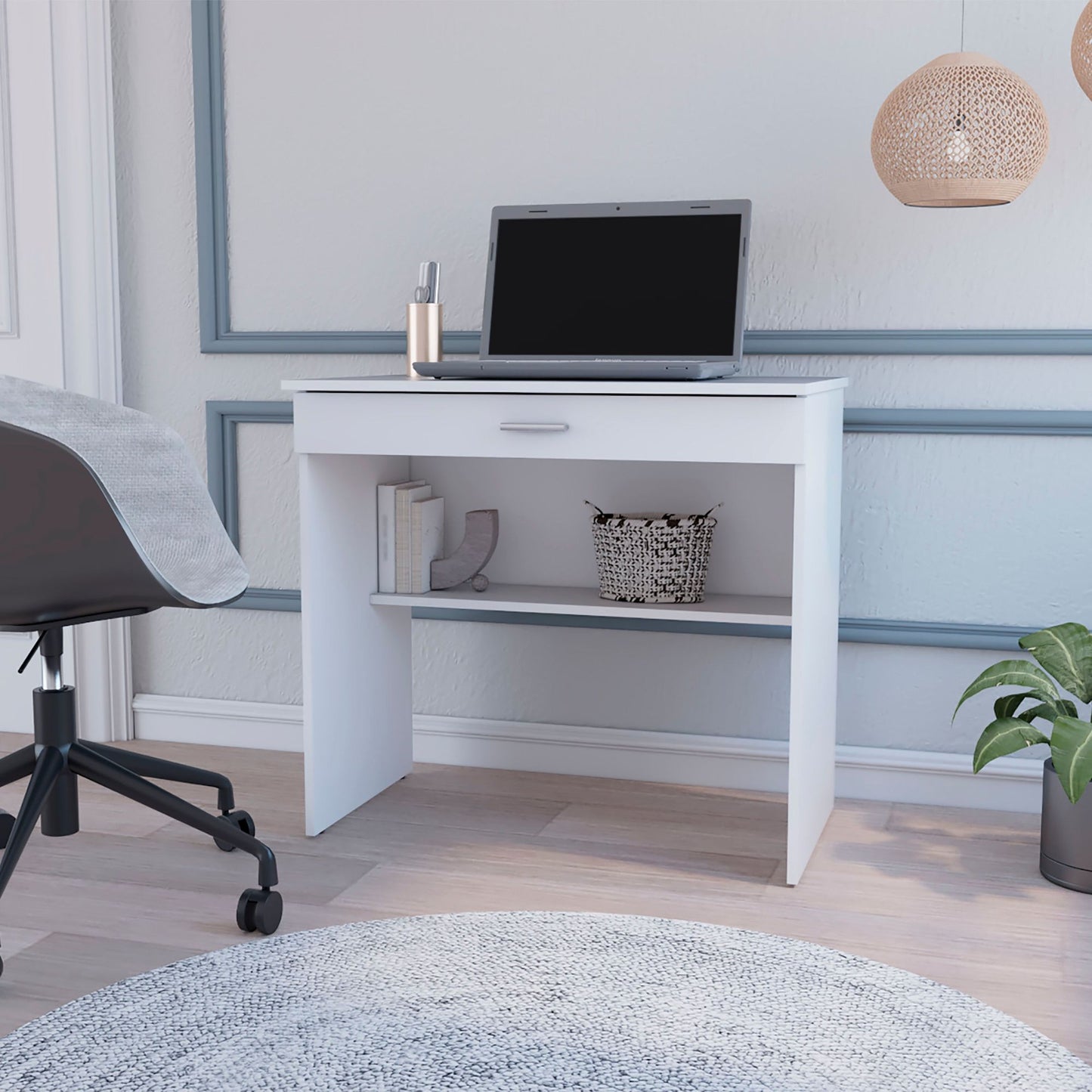 White Storage Desk with Drawer and Shelf image 2