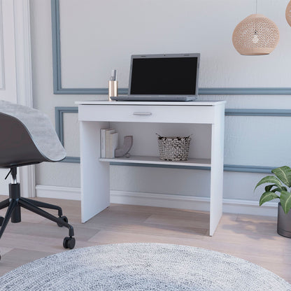 White Storage Desk with Drawer and Shelf image 2