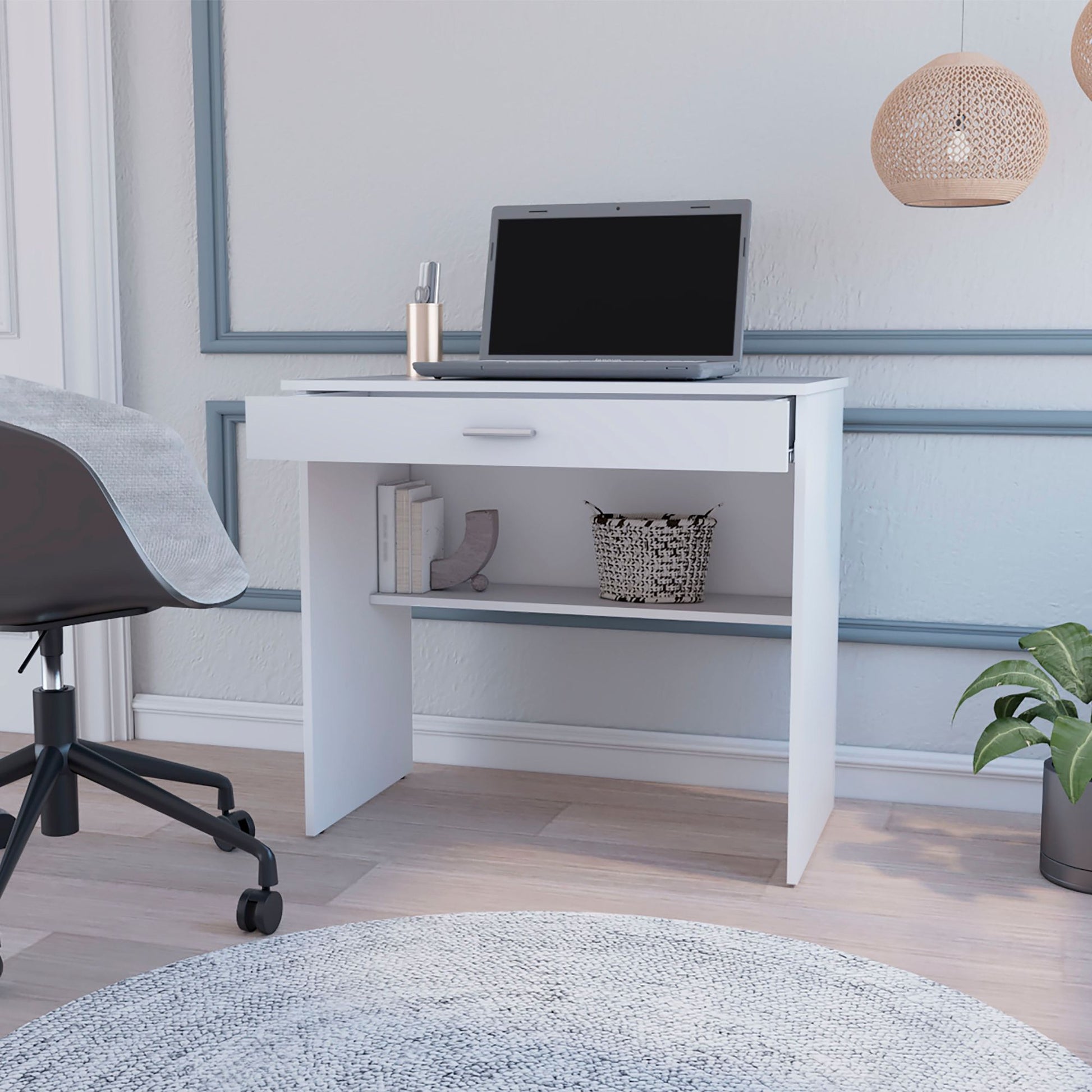 White Storage Desk with Drawer and Shelf image 1