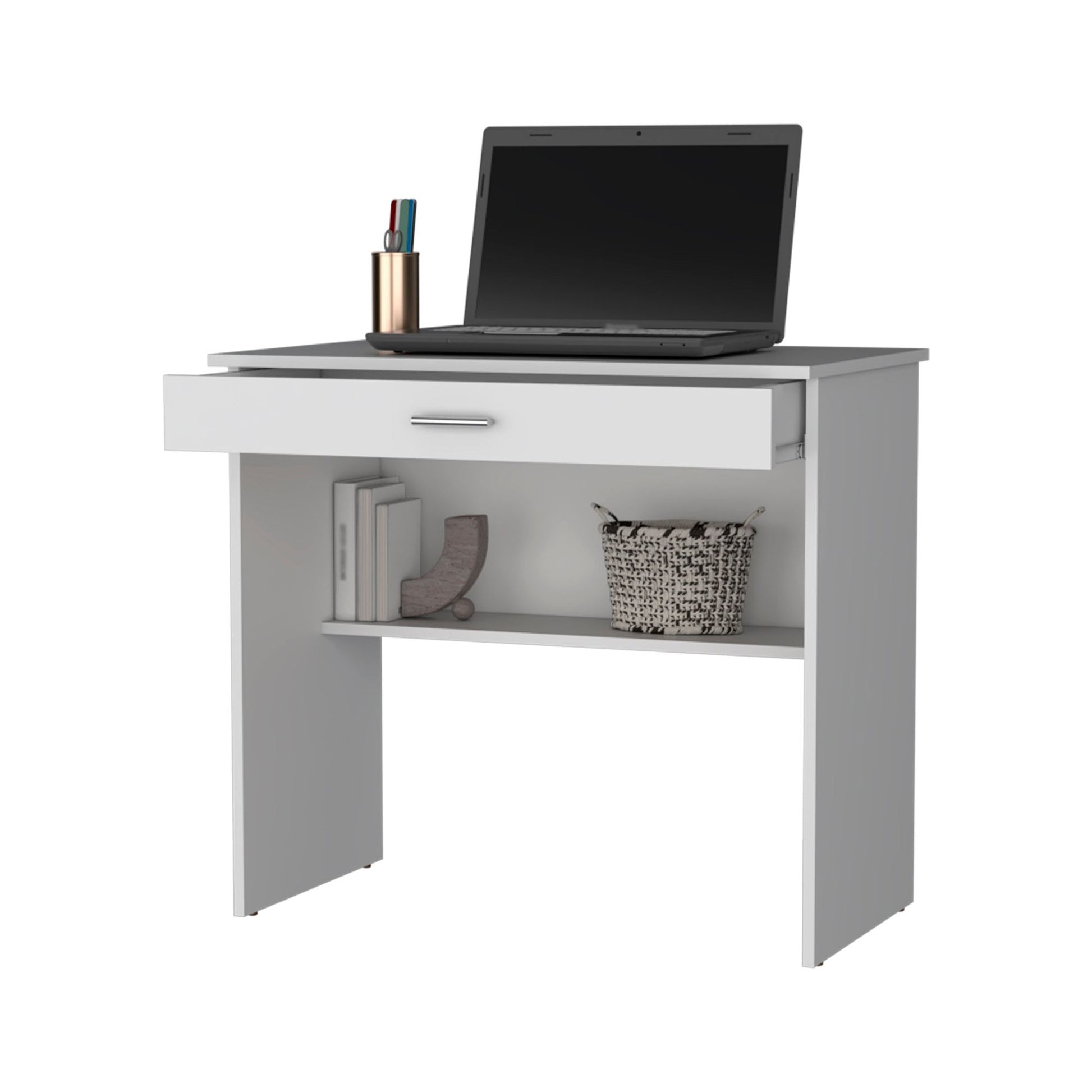 White Storage Desk with Drawer and Shelf image 5