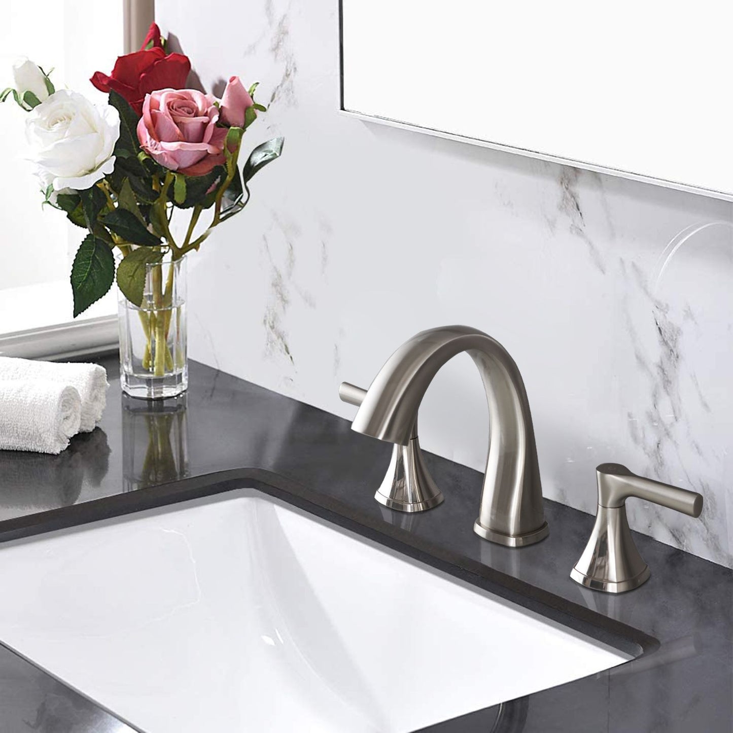 Widespread Bathroom Sink Faucets Two Handle 3 Hole Vanity Bath Faucet with Drain Assembly (Brushed Nickel) image 3