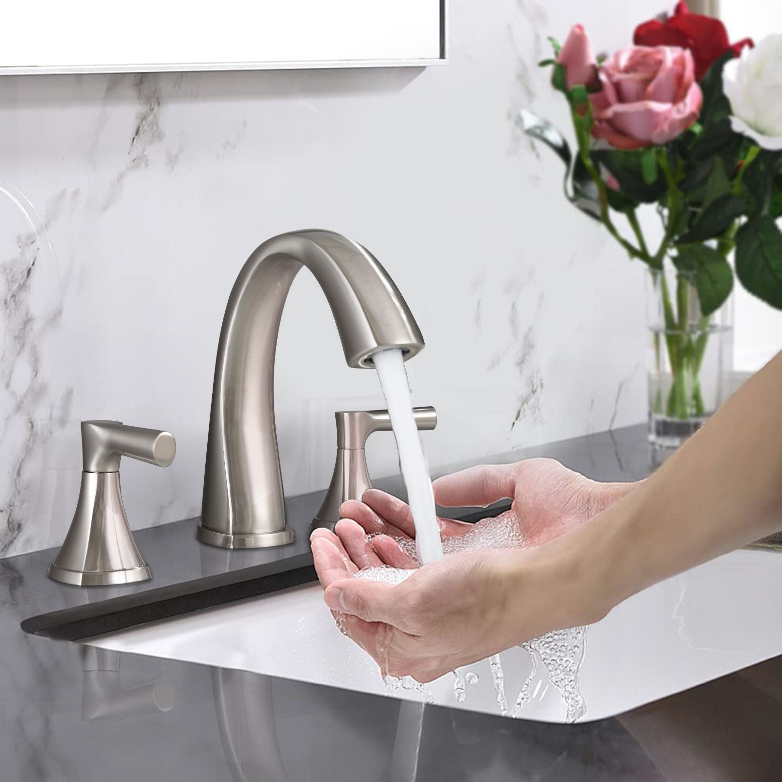 Widespread Bathroom Sink Faucets Two Handle 3 Hole Vanity Bath Faucet with Drain Assembly (Brushed Nickel) image 2